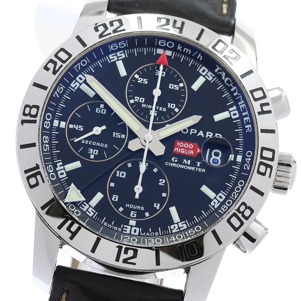CHOPARD MILLE MIGLIA GMT CHRONOGRAPH BLACK DIAL AUTOMATIC WATCH: Chopard Mille Miglia GMT Chronograph black Dial Automatic Watch Brand: Chopard Type/Style: Wristwatch Material: Band Material leather, Case Material Stainless Steel Color: Band Color black, Case