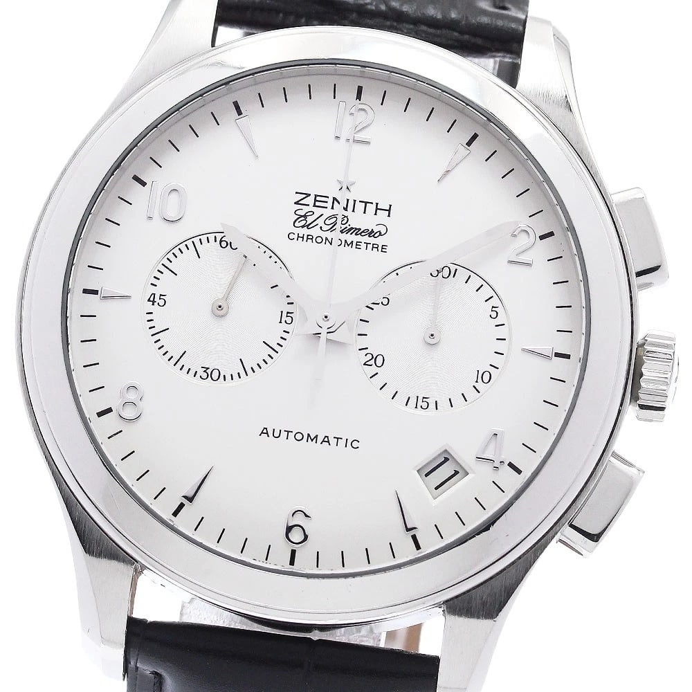 ZENITH CLASS EL PRIMERO CHRONOGRAPH AUTOMATIC WATCH: ZENITH Class El Primero Chronograph Automatic Watch Brand: ZENITH Type/Style: Wristwatch Material: Band Material leather, Case Material Stainless Steel Color: Band Color black, Case Color Silver, Dial