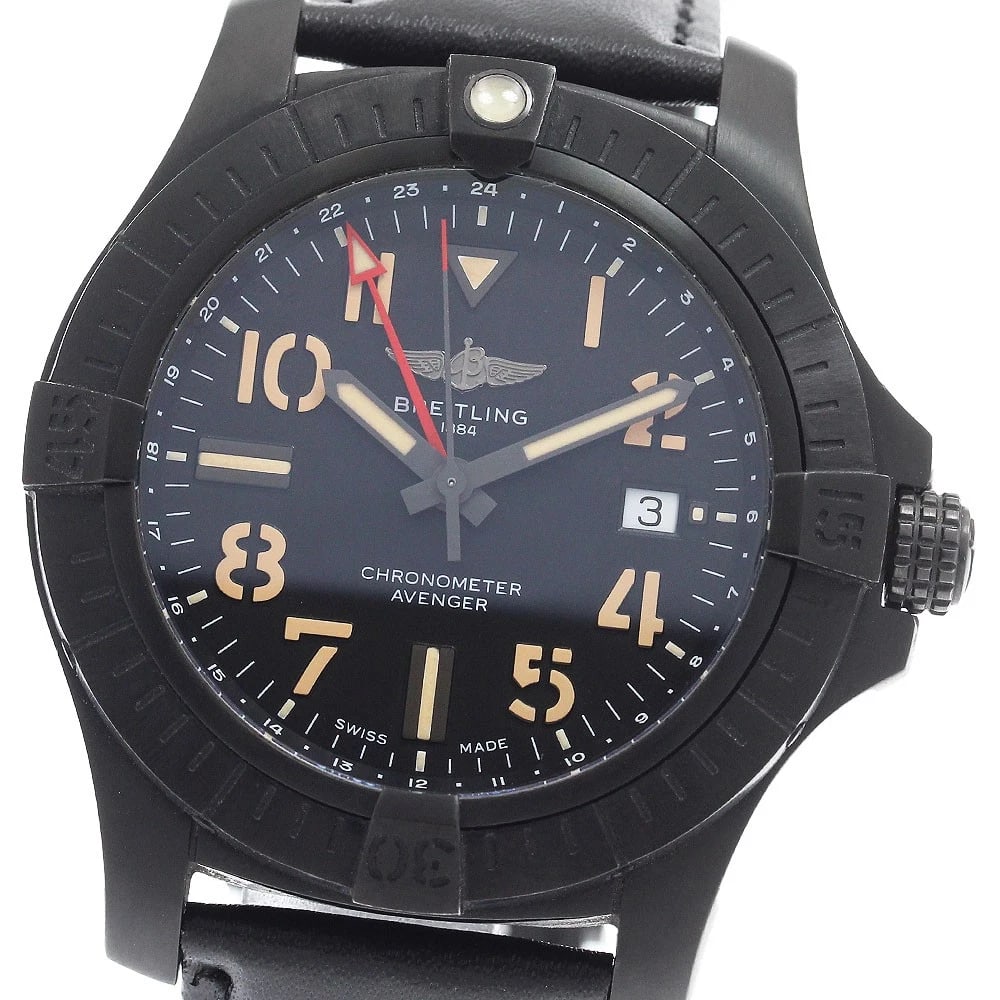 BREITLING AVENGER GMT MISSION AUTOMATIC WATCH: BREITLING Avenger GMT Mission Automatic Watch Brand: BREITLING Type/Style: Wristwatch Material: Band Material leather, Case Material titanium Color: Band Color black, Case Color black, Dial Color