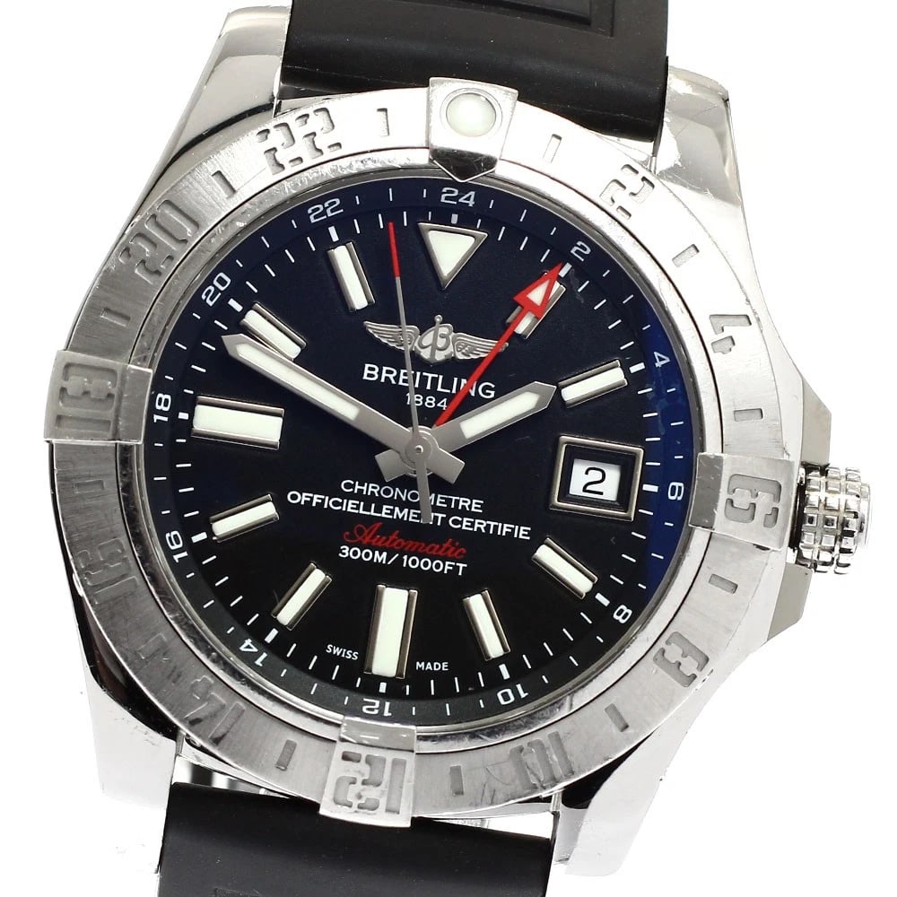 BREITLING AVENGER GMT DATE BLACK DIAL AUTOMATIC WATCH: BREITLING Avenger GMT Date black Dial Automatic Watch Brand: BREITLING Type/Style: Wristwatch Material: Band Material rubber, Case Material Stainless Steel Color: Band Color black, Case Color Silver,