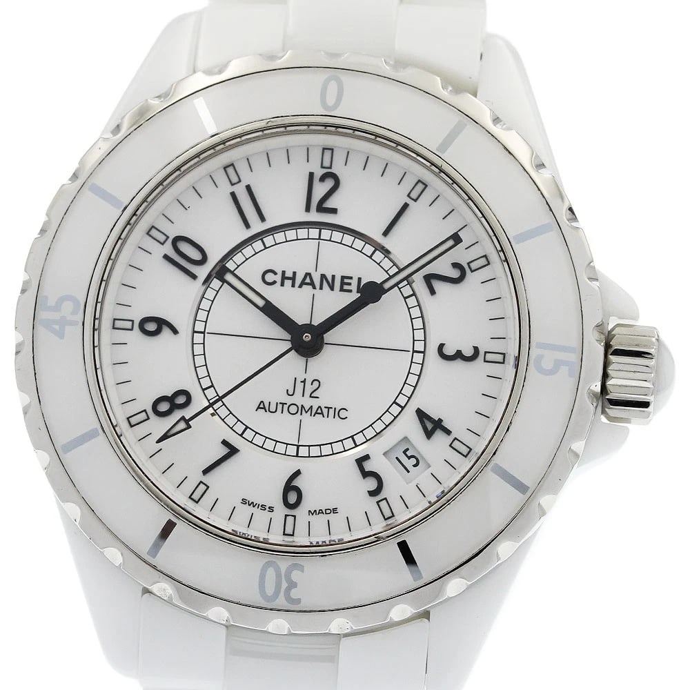 CHANEL J12 WHITE CERAMIC DATE WHITE DIAL AUTOMATIC WATCH: CHANEL J12 White ceramic date white Dial Automatic Watch Brand: CHANEL Type/Style: Wristwatch Material: Band Material Stainless Steel / ceramic, Case Material Stainless Steel / ceramic Color: Band Col
