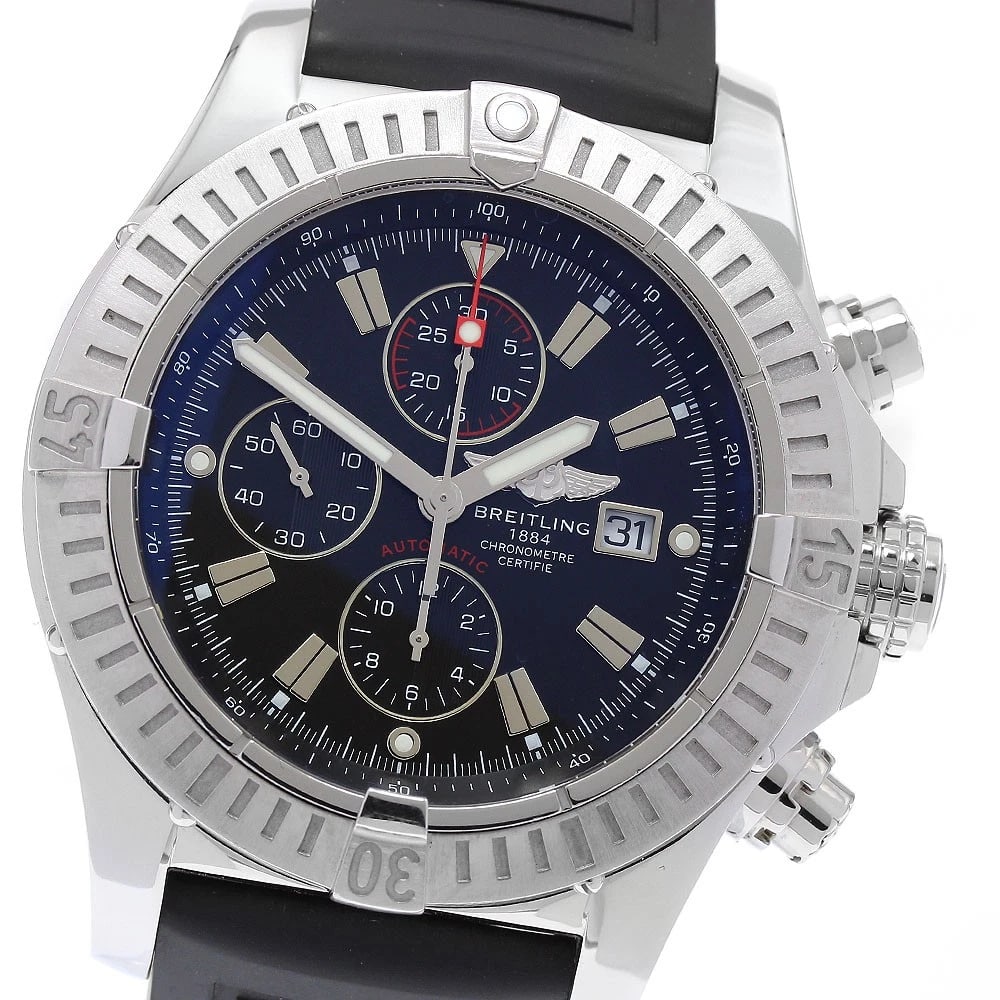BREITLING SUPER AVENGER CHRONOGRAPH DATE AUTOMATIC WATCH: BREITLING Super avenger Chronograph Date Automatic Watch Brand: BREITLING Type/Style: Wristwatch Material: Band Material rubber, Case Material Stainless Steel Color: Band Color black, Case Color Silve