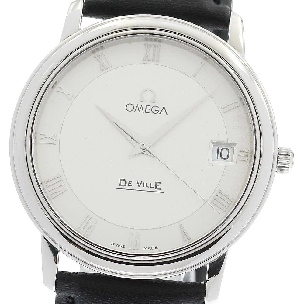 OMEGA DE VILLE PRESTIGE DATE SILVER DIAL QUARTZ WATCH: OMEGA De Ville Prestige Date Silver Dial Quartz Watch Brand: OMEGA Type/Style: Wristwatch Material: Band Material leather, Case Material Stainless Steel Color: Band Color black, Case Color Silver,