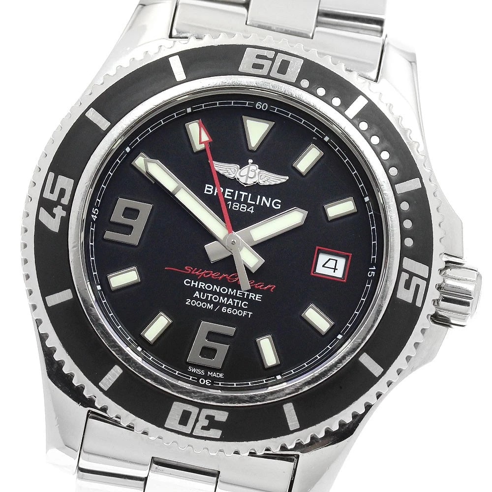 BREITLING SUPER OCEAN 44 DATE BLACK DIAL AUTOMATIC WATCH: BREITLING Super Ocean 44 Date Black Dial Automatic Watch Brand: BREITLING Type/Style: Wristwatch Material: Band Material Stainless Steel, Case Material Stainless Steel Color: Band Color Silver, Case