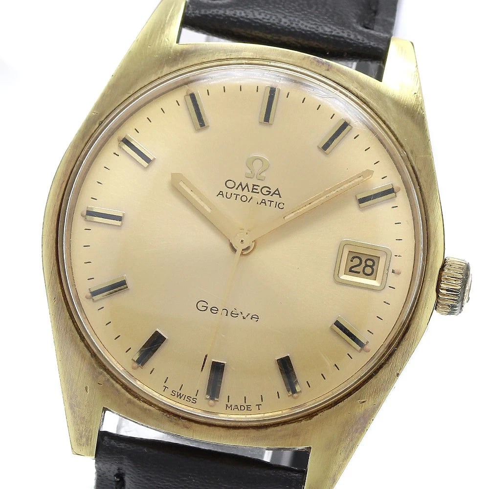 OMEGA GENEVE DATE GOLD DIAL AUTOMATIC WATCH: OMEGA Geneve Date gold Dial Automatic Watch Brand: OMEGA Type/Style: Wristwatch Material: Band Material leather, Case Material Stainless Steel/Gold Plated Color: Band Color black, Case Color Silver / 