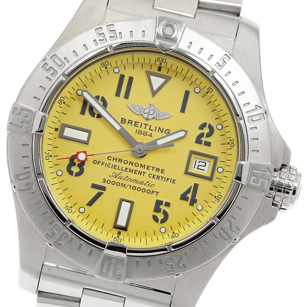 BREITLING AVENGER SEAWOLF DATE YELLOW DIAL AUTOMATIC WATCH: BREITLING Avenger Seawolf Date yellow Dial Automatic Watch Brand: BREITLING Type/Style: Wristwatch Material: Band Material Stainless Steel, Case Material Stainless Steel Color: Band Color Silver,