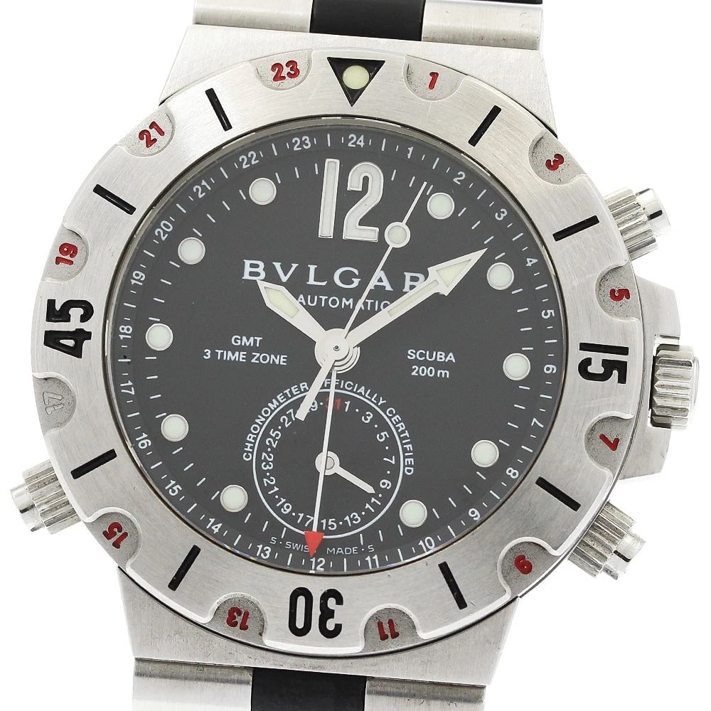BVLGARI DIAGONO SCUBA GMT DATE BLACK DIAL AUTOMATIC WATCH: BVLGARI Diagono Scuba GMT date black Dial Automatic Watch Brand: BVLGARI Type/Style: Wristwatch Material: Band Material rubber, Case Material Stainless Steel Color: Band Color black, Case Color