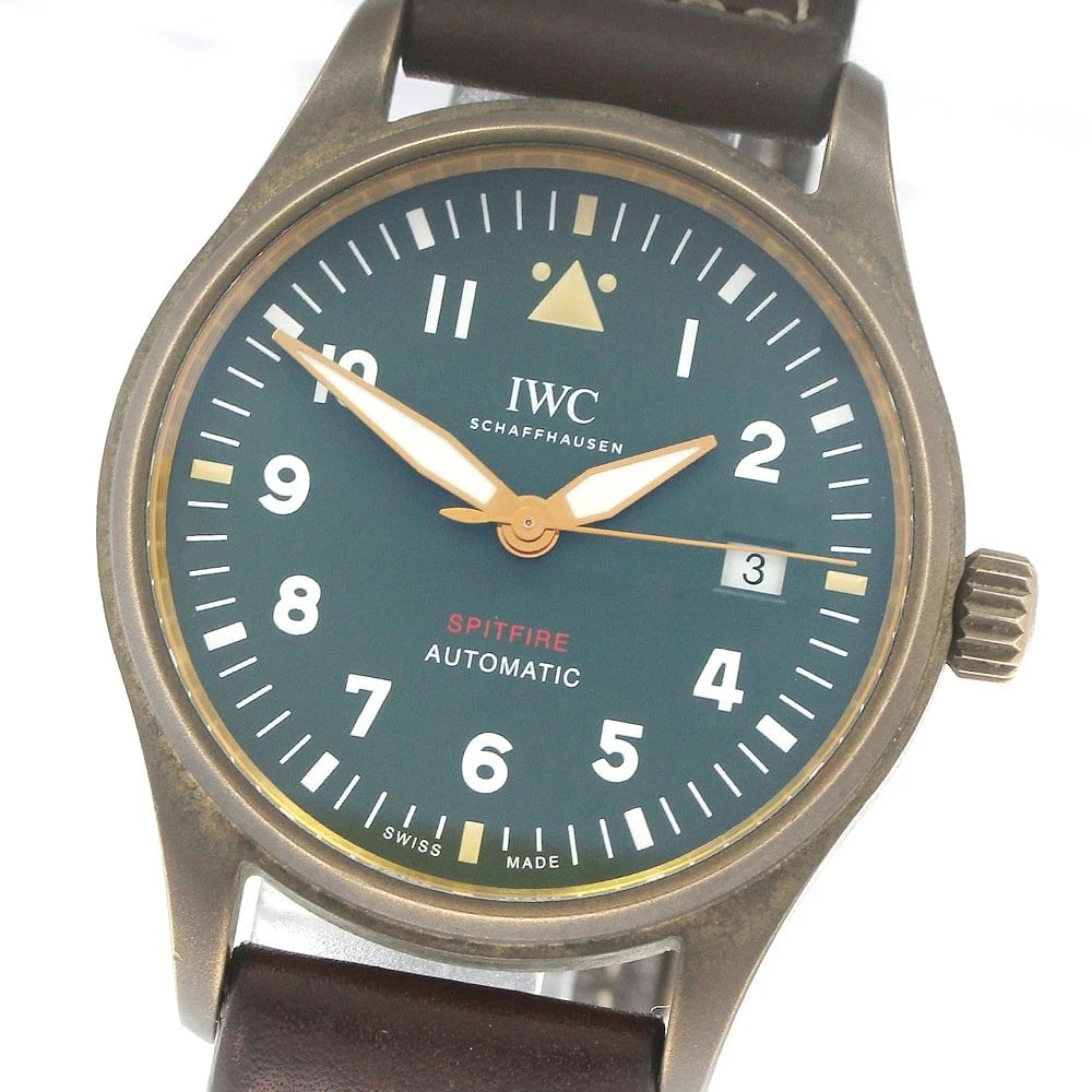 IWC SCHAFFHAUSEN SPITFIRE DATE GREEN DIAL AUTOMATIC WATCH: IWC SCHAFFHAUSEN Spitfire Date green Dial Automatic Watch Brand: IWC SCHAFFHAUSEN Type/Style: Wristwatch Material: Band Material leather, Case Material bronze Color: Band Color Brown, Case Color