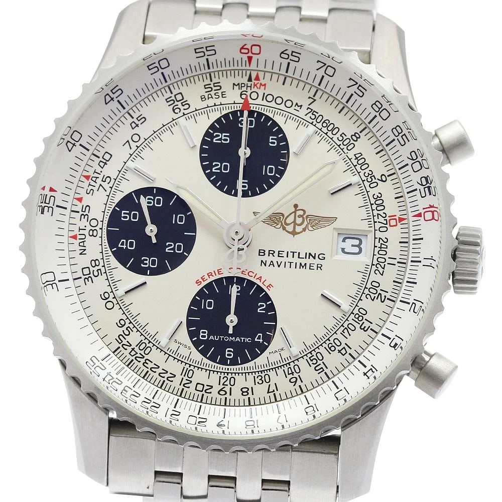 BREITLING NAVITIMER CHRONOGRAPH AUTOMATIC WATCH: BREITLING Navitimer Chronograph Automatic Watch Brand: BREITLING Type/Style: Wristwatch Material: Band Material Stainless Steel, Case Material Stainless Steel Color: Band Color Silver, Case Color Silv