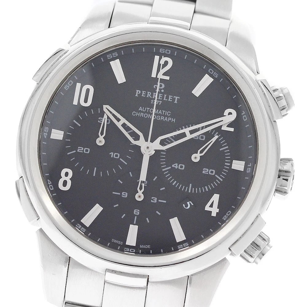 PERRELET CHRONOGRAPH DATE BLACK DIAL AUTOMATIC WATCH: PERRELET Chronograph Date black Dial Automatic Watch Brand: PERRELET Type/Style: Wristwatch Material: Band Material Stainless Steel, Case Material Stainless Steel Color: Band Color Silver, Case Color