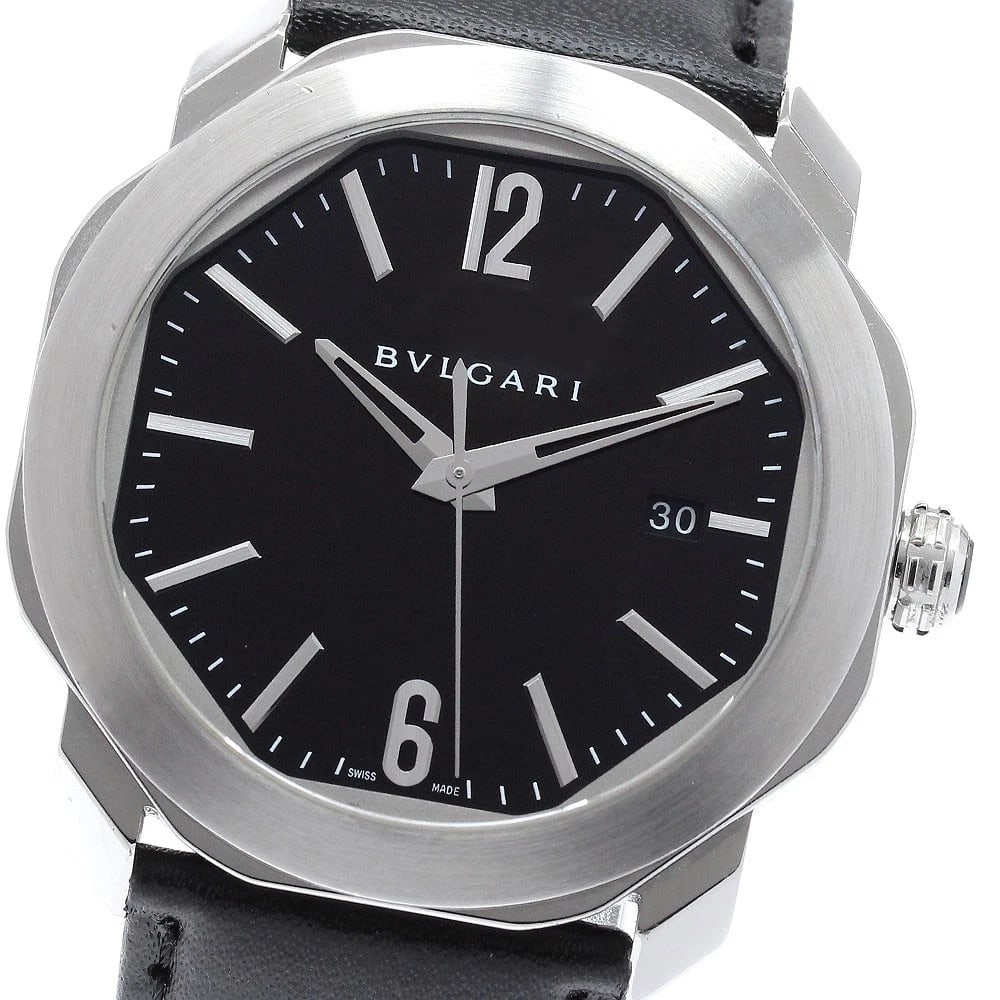 BVLGARI DATE BLACK DIAL AUTOMATIC WATCH: BVLGARI Date black Dial Automatic Watch Brand: BVLGARI Type/Style: Wristwatch Material: Band Material leather, Case Material Stainless Steel Color: Band Color black, Case Color Silver, Dial Color blac