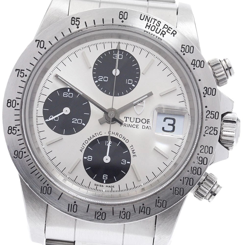 TUDOR CHRONO TIME DATE SILVER / BLACK DIAL AUTOMATIC WATCH: TUDOR Chrono time Date Silver / Black Dial Automatic Watch Brand: TUDOR Type/Style: Wristwatch Material: Band Material Stainless Steel, Case Material Stainless Steel Color: Band Color Silver, Case