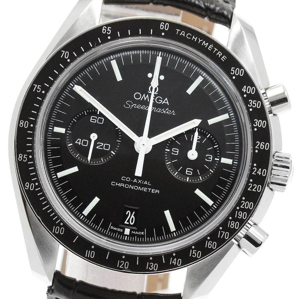 OMEGA SPEEDMASTER AUTOMATIC WATCH: OMEGA Speedmaster Automatic Watch Brand: OMEGA Type/Style: Wristwatch Material: Band Material leather, Case Material Stainless Steel Color: Band Color black, Case Color Silver, Dial Color black Size: 
