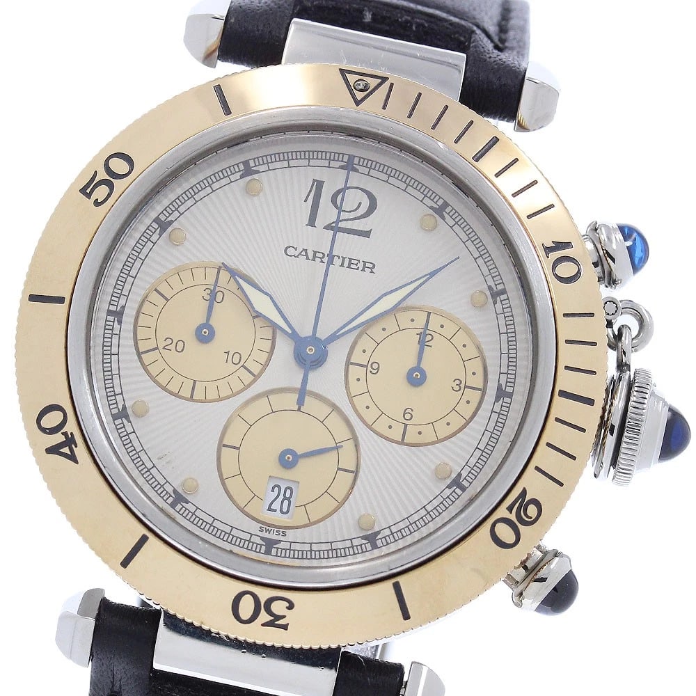 CARTIER PASHA CHRONO 38 DATE YG BEZEL QUARTZ WATCH: CARTIER Pasha Chrono 38 Date YG bezel Quartz Watch Brand: CARTIER Type/Style: Wristwatch Material: Band Material leather, Case Material Stainless Steel/YG Color: Band Color black, Case Color Silver /
