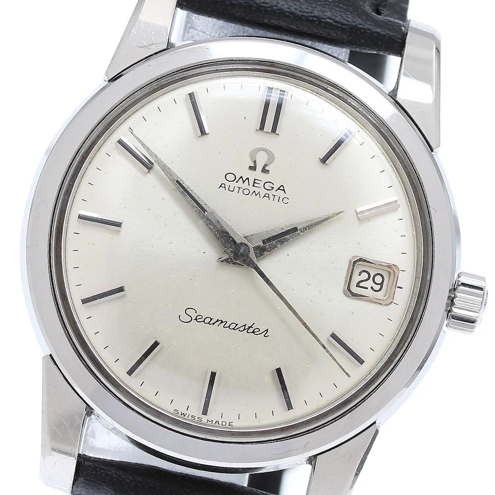 OMEGA SEAMASTER DATE CAL.SILVER DIAL AUTOMATIC WATCH: OMEGA Seamaster Date cal.Silver Dial Automatic Watch Brand: OMEGA Type/Style: Wristwatch Material: Band Material leather, Case Material Stainless Steel Color: Band Color black, Case Color Silver,