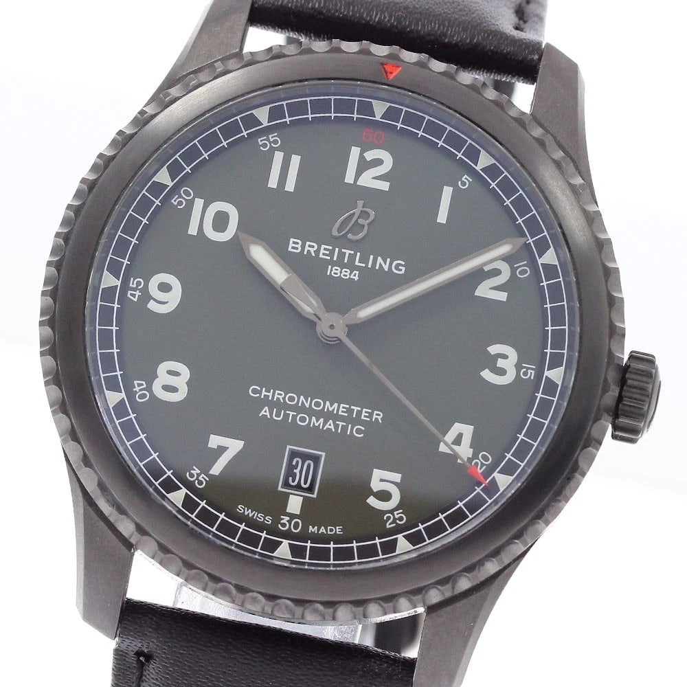 BREITLING AVIATOR DATE KHAKI DIAL AUTOMATIC WATCH: BREITLING Aviator Date Khaki Dial Automatic Watch Brand: BREITLING Type/Style: Wristwatch Material: Band Material leather, Case Material Black Steel Color: Band Color black, Case Color black, Dial