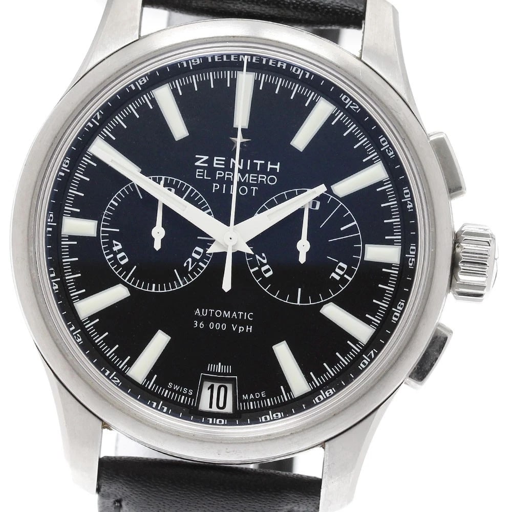 ZENITH EL PRIMERO PILOT CHRONOGRAPH AUTOMATIC WATCH: ZENITH El Primero Pilot Chronograph Automatic Watch Brand: ZENITH Type/Style: Wristwatch Material: Band Material leather, Case Material Stainless Steel Color: Band Color black, Case Color Silver,