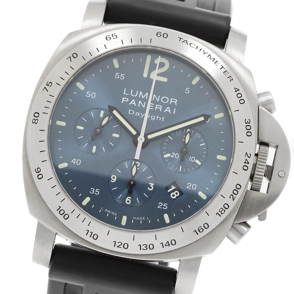 PANERAI LUMINOR DAYLIGHT CHRONOGRAPH AUTOMATIC WATCH: PANERAI Luminor Daylight Chronograph Automatic Watch Brand: PANERAI Type/Style: Wristwatch Material: Band Material rubber, Case Material titanium Color: Band Color black, Case Color Silver, Dial
