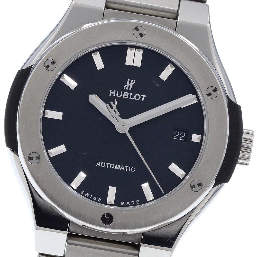 HUBLOT CLASSIC FUSION DATE AUTOMATIC WATCH: HUBLOT Classic fusion Date Automatic Watch Brand: HUBLOT Type/Style: Wristwatch Material: Band Material titanium, Case Material titanium Color: Band Color Silver, Case Color Silver, Dial Color black S