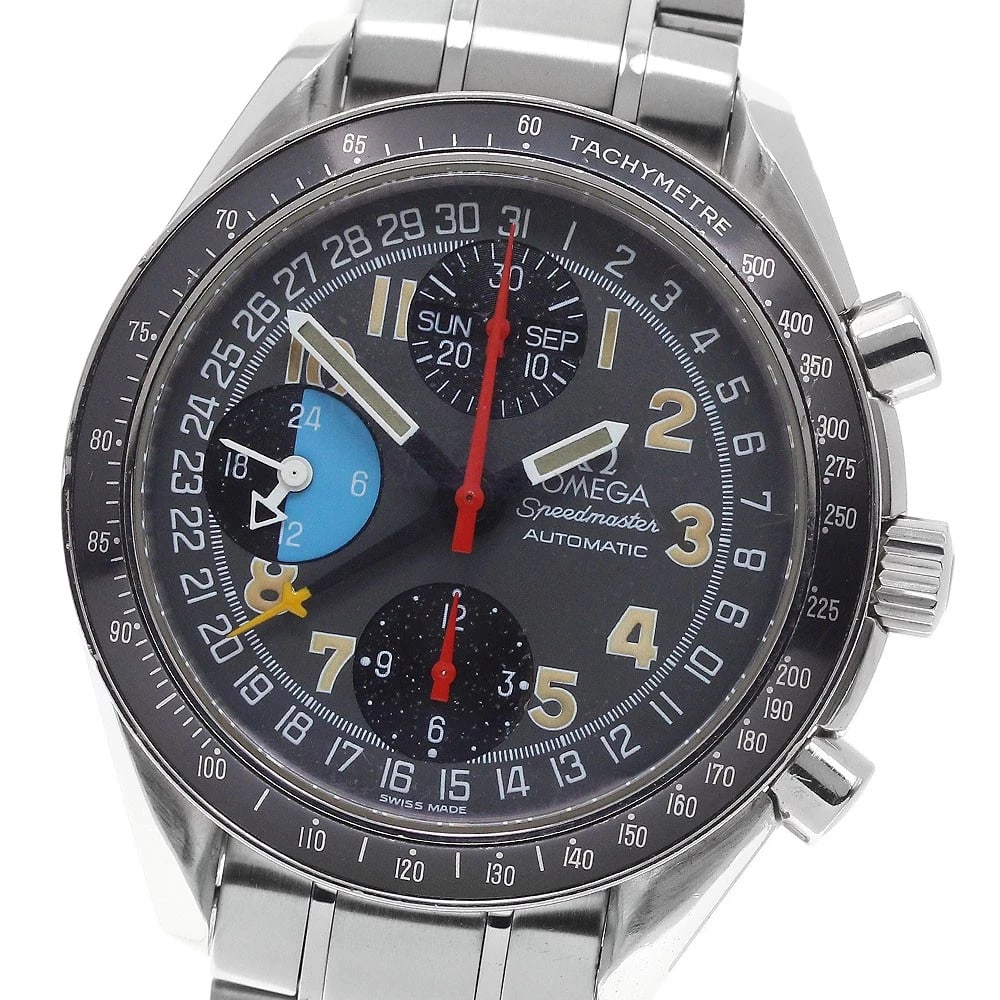 OMEGA SPEEDMASTER MARK TRIPLE CALENDAR AUTOMATIC WATCH: OMEGA Speedmaster mark Triple calendar Automatic Watch Brand: OMEGA Type/Style: Wristwatch Material: Band Material Stainless Steel, Case Material Stainless Steel Color: Band Color Silver, Case Color S