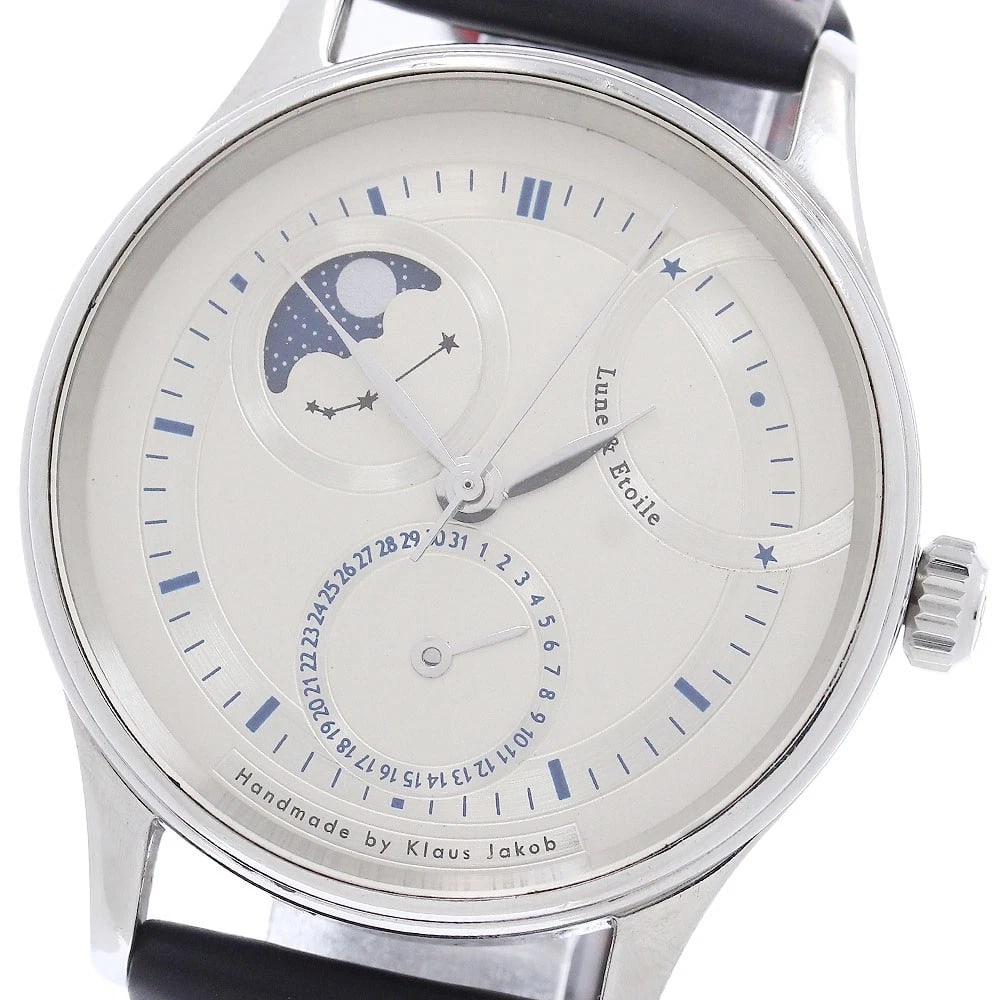 JACQUES ETOILE LUNA & ETOILE MOON PHASE SILVER DIAL AUTOMATIC WATCH: JACQUES ETOILE Luna & Etoile Moon phase Silver Dial Automatic Watch Brand: JACQUES ETOILE Type/Style: Wristwatch Material: Band Material rubber, Case Material Stainless Steel Color: Band Color black,