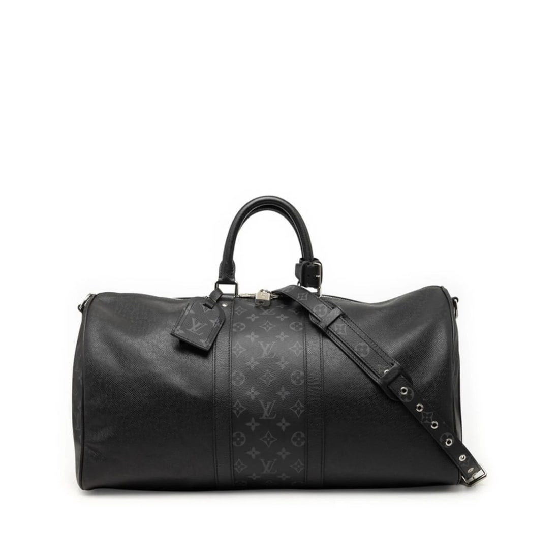 LOUIS VUITTON TAIGARAMA KEEPALL BANDOULIERE: Louis Vuitton Taigarama Keepall Bandouliere Brand: Louis Vuitton Type/Style: Boston bag, Shoulder bag Material: PVC , Leather Color: Black, Gray, Noir Size: (HxWxD) 27cm x 50cm x 21cm / 10.62inch x