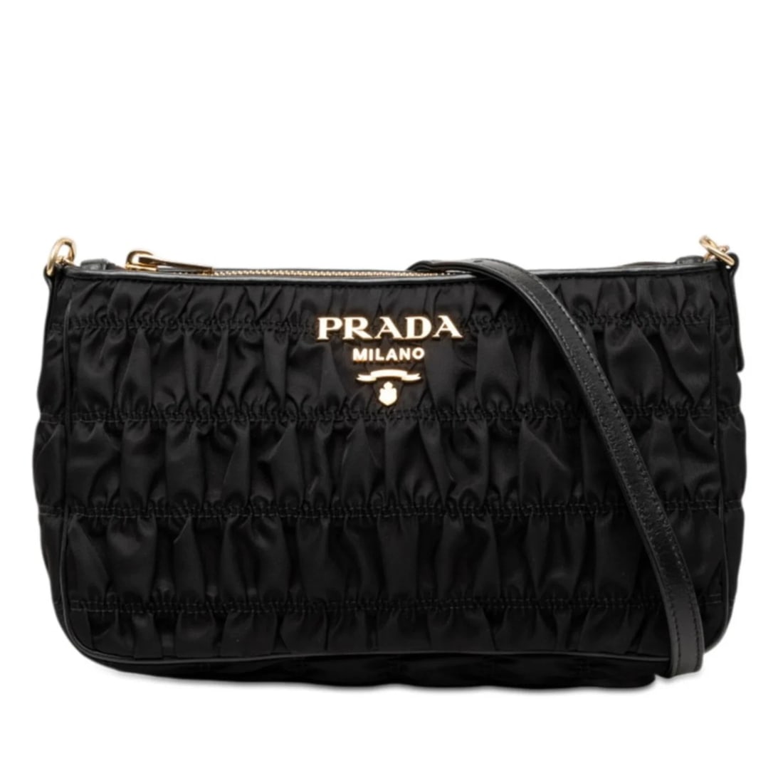 PRADA CHAIN GATHERED SHOULDER BAG, BLACK NYLON LEATHER: Prada Chain Gathered Shoulder Bag, Black Nylon Leather Brand: Prada Type/Style: Shoulder bag Material: Nylon , Leather Color: Black Size: (HxWxD) 15cm x 25cm x 6.5cm / 5.9inch x 9.84inch x 2.55inch
