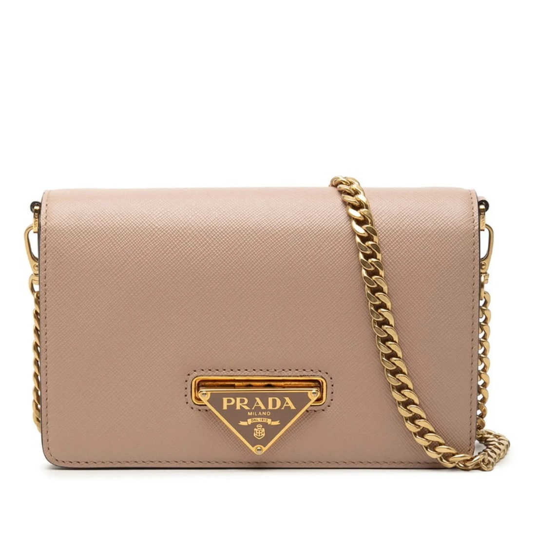 PRADA TRIANGLE LOGO PLATE CHAIN SHOULDER BAG: Prada Triangle Logo Plate Chain Shoulder Bag Brand: Prada Type/Style: Shoulder bag Material: Leather Color: Pink beige Size: (HxWxD) 11.5cm x 18cm x 4.5cm / 4.52inch x 7.08inch x 1.77inch Accessor