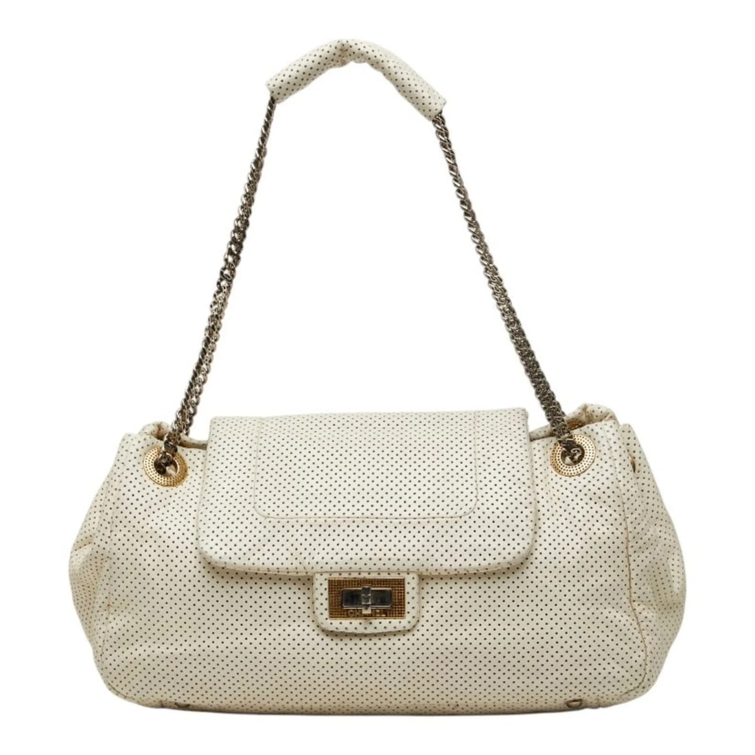 CHANEL MATELASSE COCO MARK PERFORATED CHAIN SHOULDER BAG: Chanel Matelasse Coco Mark Perforated Chain Shoulder Bag Brand: Chanel Type/Style: Shoulder bag Material: Leather Color: Off-white Size: (HxWxD) 18cm x 35cm x 16cm / 7.08inch x 13.77inch x 6.29inch