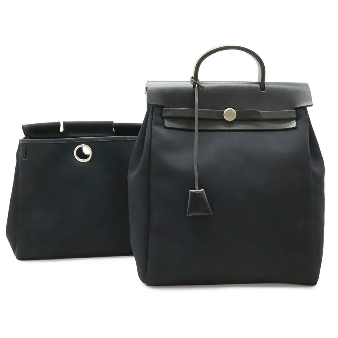 HERMES HERBAG AD PM BACKPACK HANDBAG: HERMES Herbag Ad PM Backpack Handbag Brand: Hermes Type/Style: Backpack, Handbag Material: Toile officier Color: Black Size: (HxWxD) 36cm x 28.5cm x 12cm / 14.17inch x 11.22inch x 4.72inch