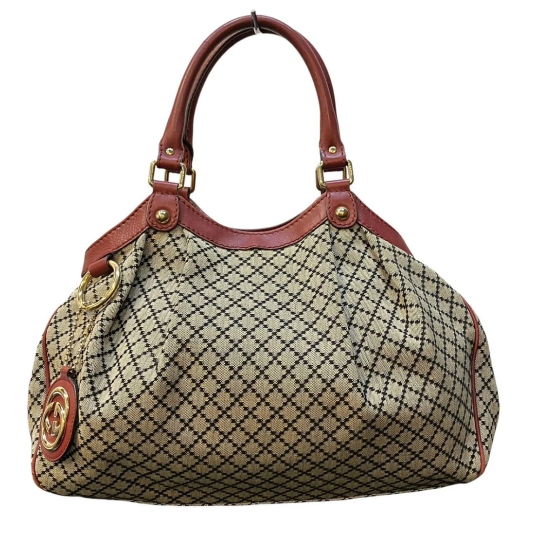 GUCCI SUKEY DIAMANTE HANDBAG: Gucci Sukey Diamante Handbag Brand: Gucci Type/Style: Handbag Material: none Color: Beige Size: (HxWxD) 29cm x 34cm x 13cm / 11.41inch x 13.38inch x 5.11inch Accessories: None Accessories Notice: