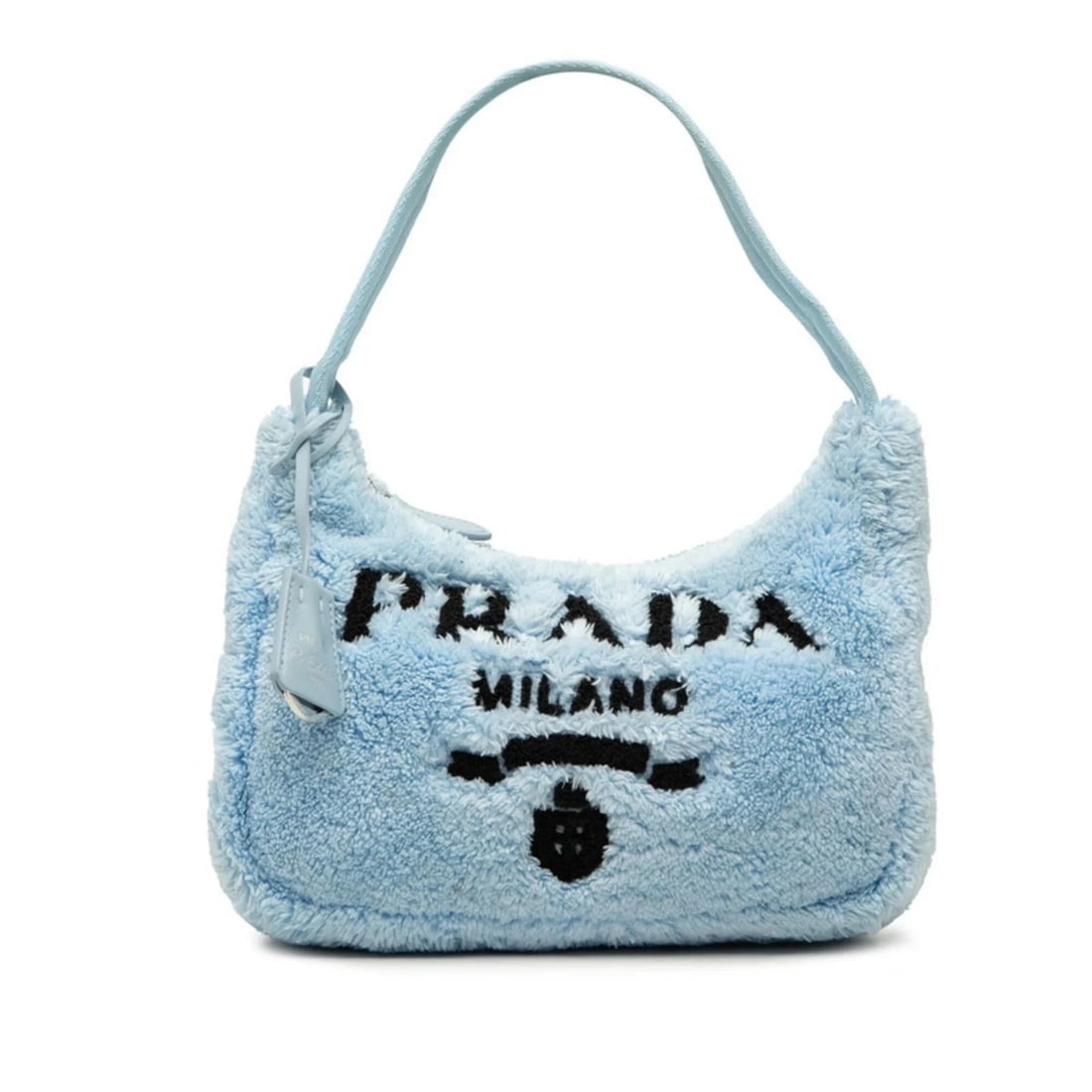 PRADA TRIANGLE LOGO PLATE RE-EDITION TERRY ONE-SHOULDER BAG: Prada Triangle Logo Plate Re-Edition Terry One-Shoulder Bag Brand: Prada Type/Style: Handbag, Shoulder bag Material: Pile fabric Color: Blue Size: (HxWxD) 16cm x 24cm x 5.5cm / 6.29inch x 9.44inch x