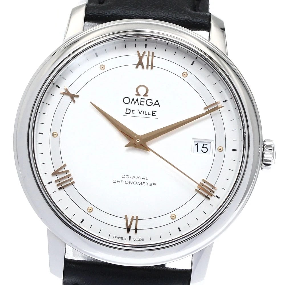 OMEGA DE VILLE PRESTIGE DATE CO-AXIAL WATCH: OMEGA De Ville Prestige Date Co-Axial Watch Brand: OMEGA Type/Style: Wristwatch Material: Band Material leather, Case Material Stainless Steel Color: Band Color black, Case Color Silver, Dial Color