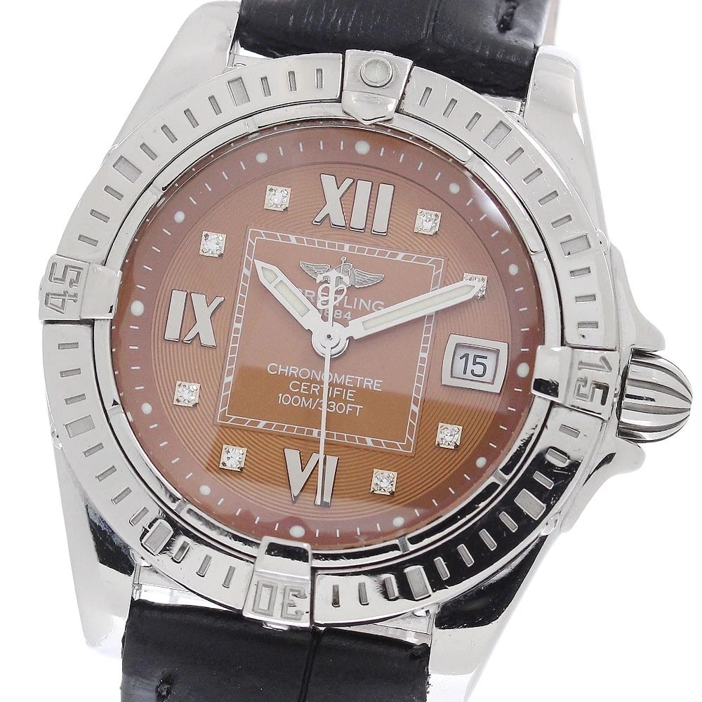 BREITLING GALACTIC 32 DATE DIAMOND BROWN DIAL QUARTZ WATCH: BREITLING Galactic 32 Date diamond Brown Dial Quartz Watch Brand: BREITLING Type/Style: Wristwatch Material: Band Material leather, Case Material Stainless Steel Color: Band Color black, Case Color