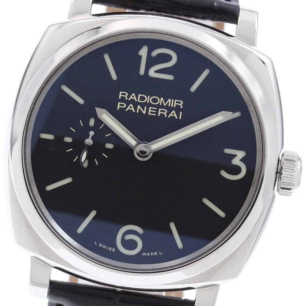 PANERAI RADIOMIR ACCIAIO HAND WINDING WATCH: PANERAI Radiomir Acciaio Hand Winding Watch Brand: PANERAI Type/Style: Wristwatch Material: Band Material leather, Case Material Stainless Steel Color: Band Color black, Case Color Silver, Dial Color
