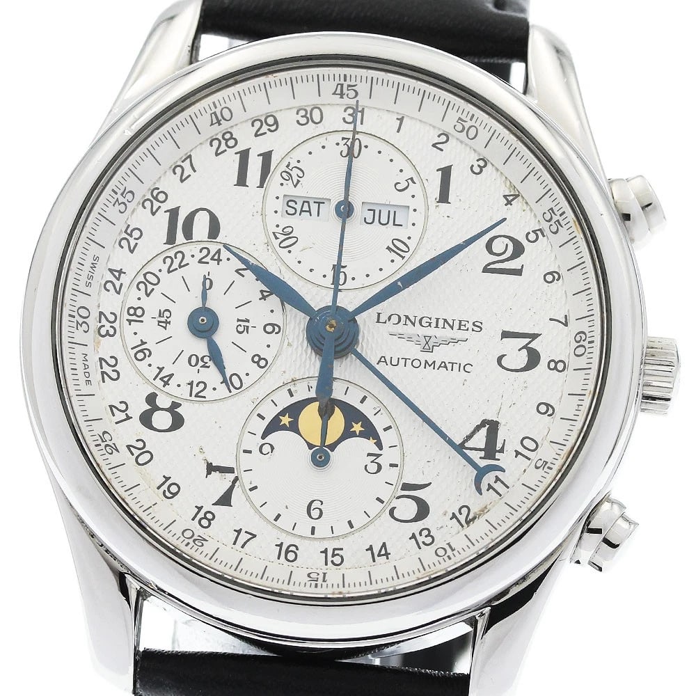 LONGINES MASTER COLLECTION MOON PHASE CHRONOGRAPH WATCH: LONGINES Master collection Moon phase chronograph Watch Brand: LONGINES Type/Style: Wristwatch Material: Band Material leather, Case Material Stainless Steel Color: Band Color black, Case Color