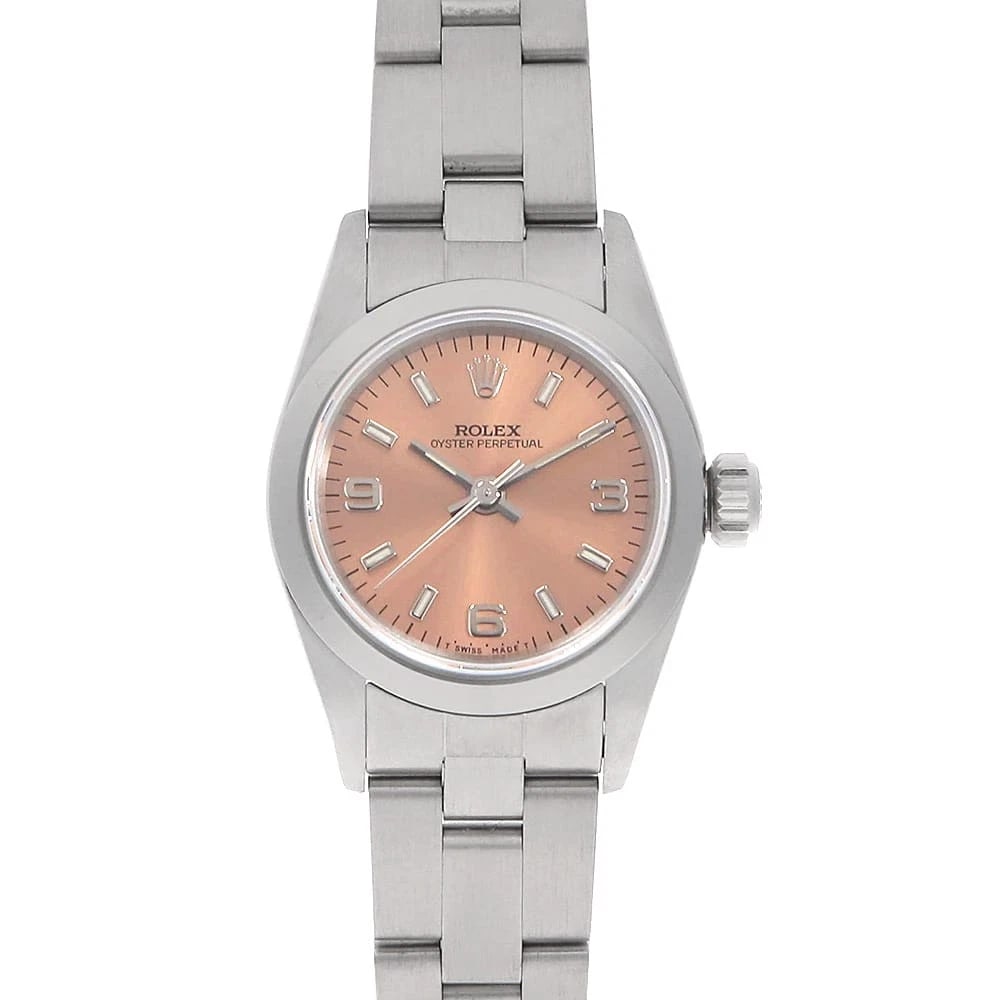 ROLEX OYSTER PERPETUAL PINK WATCH: ROLEX Oyster perpetual pink Watch Brand: ROLEX Type/Style: Wrist watch Material: Band Material Stainless Steel, Case Material Stainless Steel Color: Dial colour Pink Size: Case:W24mm Circumference of