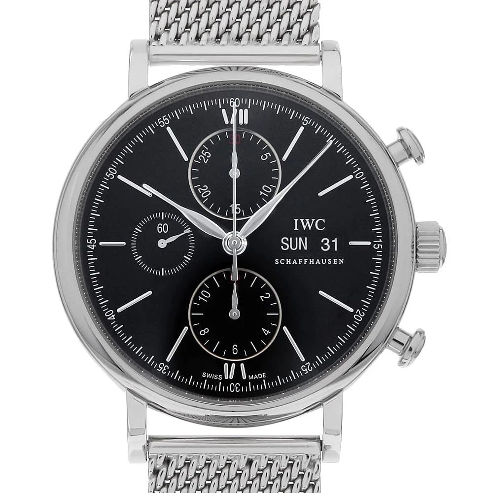 IWC PORT CHRONOGRAPH WATCH: IWC Port Chronograph Watch Brand: IWC Type/Style: Wrist watch Material: Band Material Stainless Steel, Case Material Stainless Steel Color: Dial colour Black Size: Case:W42mm Accessories: None