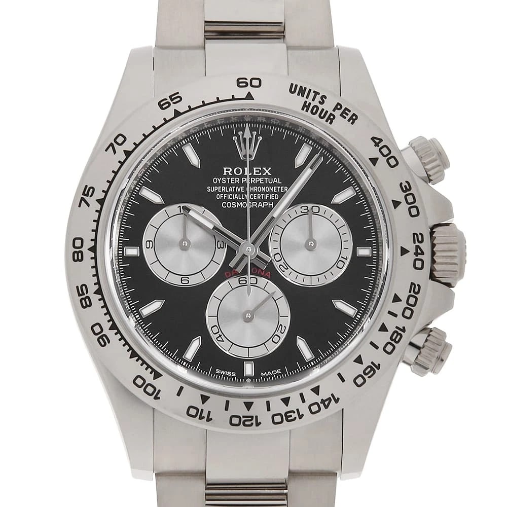 ROLEX COSMOGRAPH DAYTONA BLACK X STEEL WATCH: ROLEX Cosmograph Daytona black x Steel Watch Brand: ROLEX Type/Style: Wrist watch Material: Band Material White Gold, Case Material White Gold Color: Dial colour Black Size: Case:W40mm Circumference