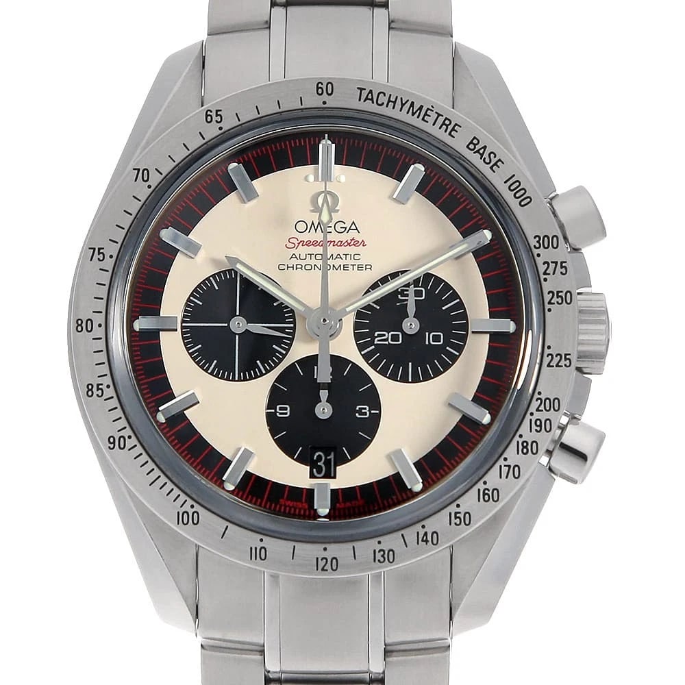 OMEGA SPEEDMASTER SCHUMACHER STAINLESS STEEL WATCH: OMEGA Speedmaster Schumacher Stainless Steel Watch Brand: OMEGA Type/Style: Wrist watch Material: Band Material Stainless Steel, Case Material Stainless Steel Color: Dial colour Ivory Size: