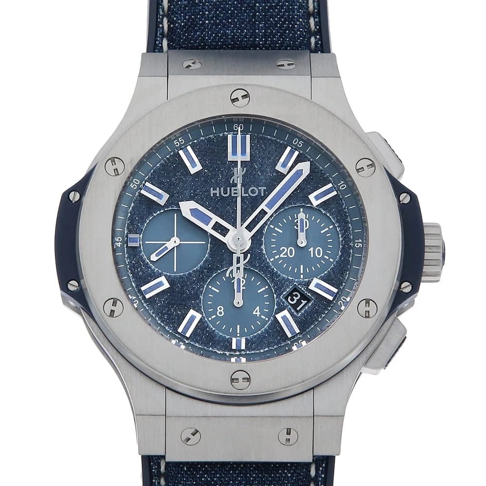 HUBLOT BIG BANG JEANS STEEL BLUE WATCH: HUBLOT Big Bang Jeans Steel Blue Watch Brand: HUBLOT Type/Style: Wrist watch Material: Band Material denim, Case Material Stainless Steel Color: Dial colour Blue Size: Case:W44mm Accessories: None