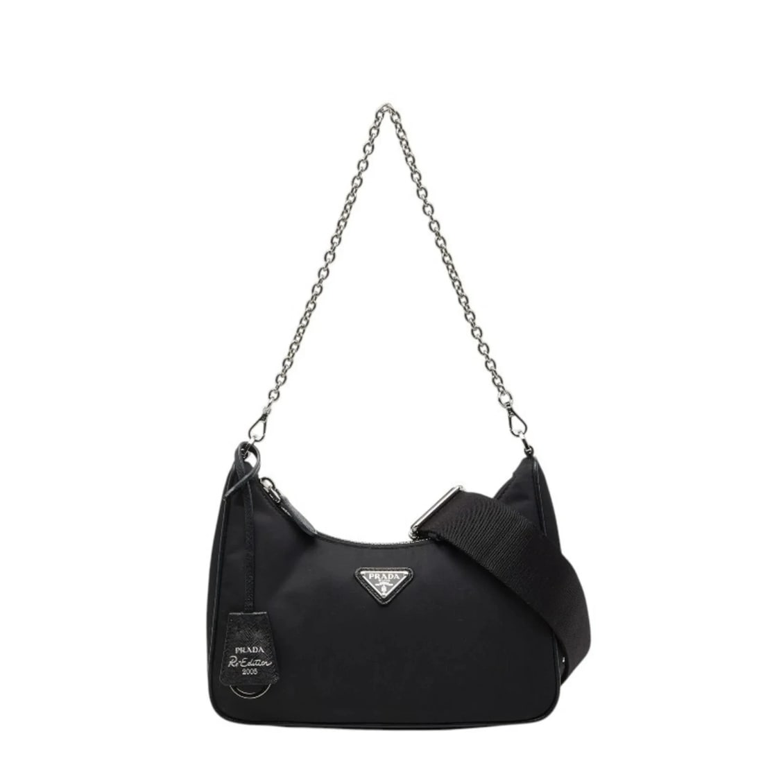 PRADA RE-EDITION 2005 RE-NYLON SHOULDER BAG CHAIN HANDBAG: Prada Re-Edition 2005 Re-Nylon Shoulder Bag Chain Handbag Brand: Prada Type/Style: Handbag, Shoulder bag Material: Nylon , Leather Color: Black Size: (HxWxD) 16.5cm x 22cm x 6cm / 6.49inch x 8.66inch 