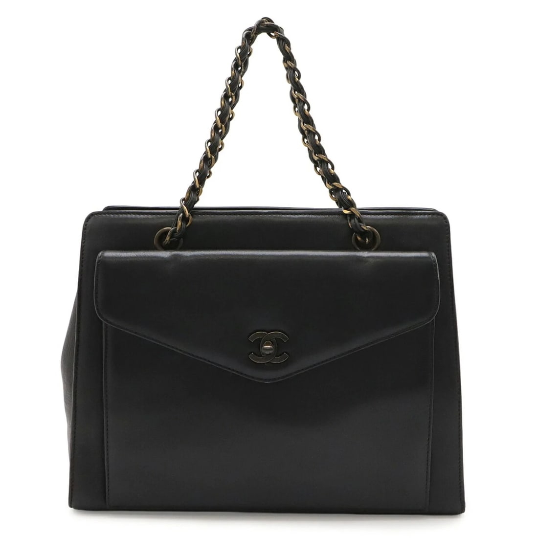 CHANEL CHAIN HANDLE TOTE BAG, LEATHER, BLACK: CHANEL Chain Handle Tote Bag, Leather, Black Brand: Chanel Type/Style: Handbag, Tote bag Material: Leather Color: Black Size: (HxWxD) 23.5cm x 28cm x 10cm / 9.25inch x 11.02inch x 3.93inch Accesso