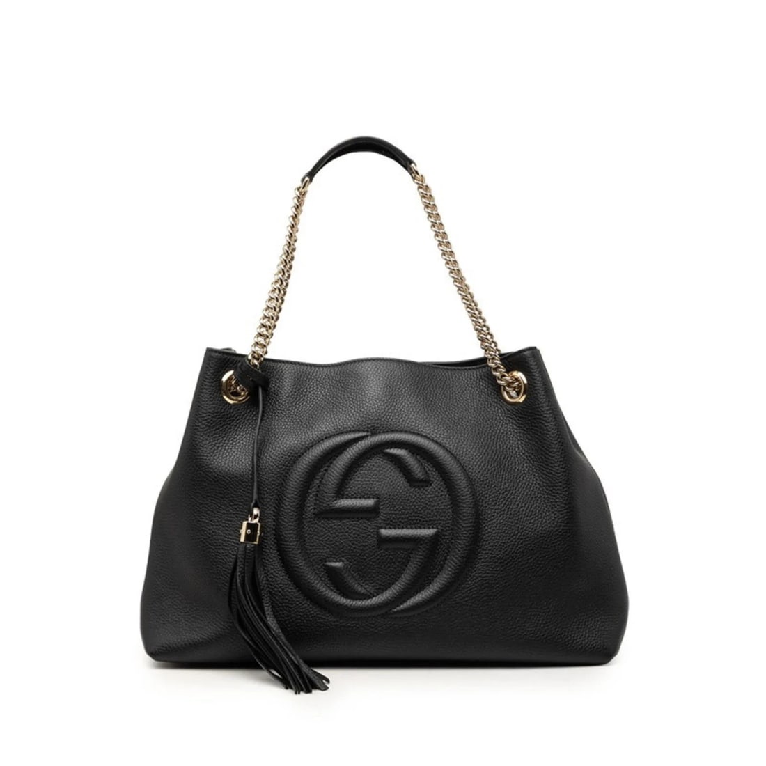 GUCCI INTERLOCKING G SOHO CHAIN TOTE BAG SHOULDER BAG: Gucci Interlocking G Soho Chain Tote Bag Shoulder bag Brand: Gucci Type/Style: Shoulder bag, Tote bag Material: Leather Color: Black Size: (HxWxD) 27cm x 37.5cm x 14.5cm / 10.62inch x 14.76inch x 5.7i