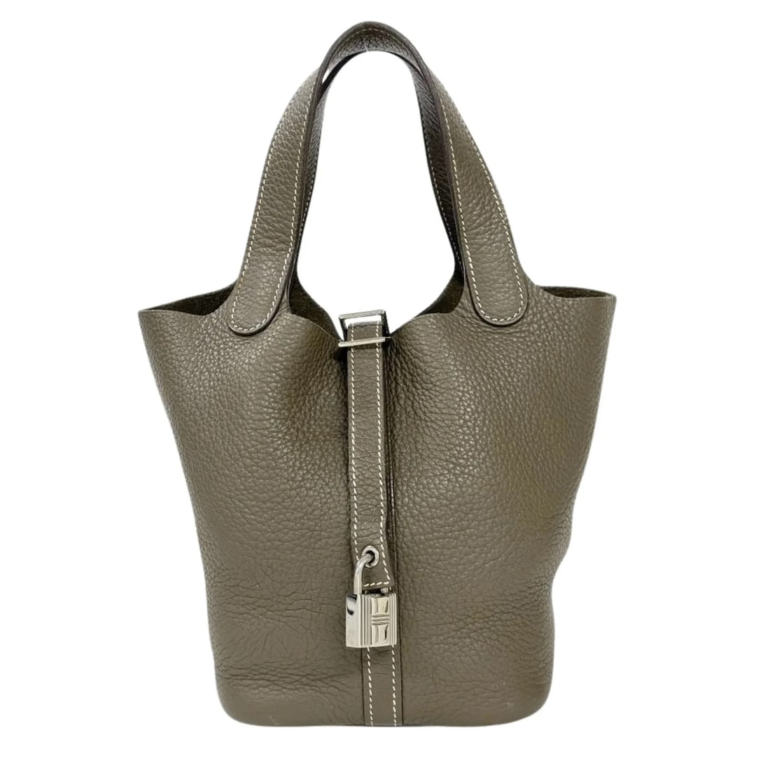 HERMES PICOTIN LOCK PM HANDBAG: Hermes Picotin Lock PM handbag Brand: Hermes Type/Style: Handbag Material: Taurillon clemence leather Color: Etoupe gray, Gray Size: (HxWxD) 18cm x 18cm x 13.5cm / 7.08inch x 7.08inch x 5.31inch