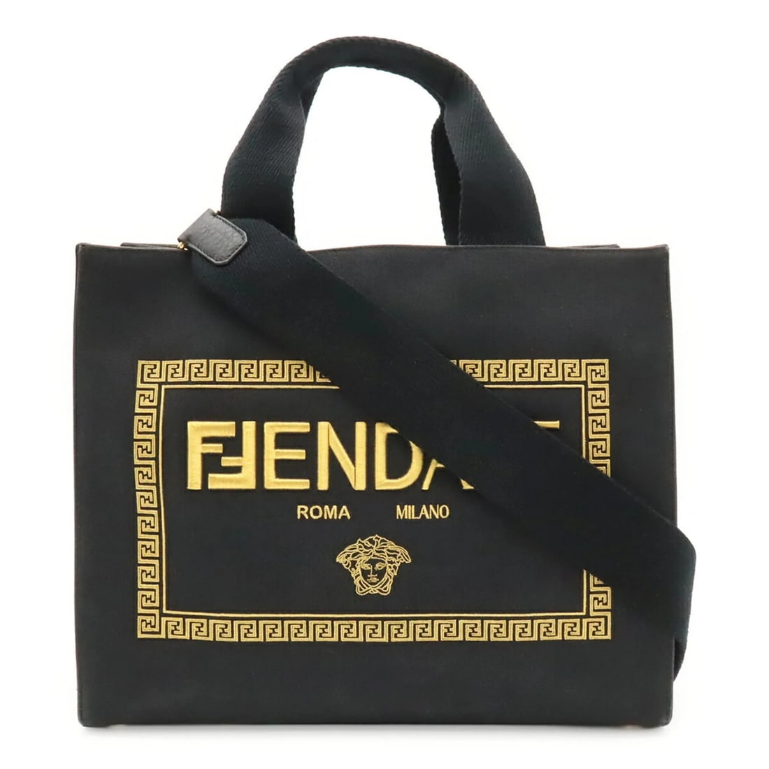 FENDI X FENDACE VERSACE COLLABORATION TOTE BAG: FENDI x FENDACE Versace Collaboration Tote Bag Brand: Fendi Type/Style: Shoulder bag, Tote bag Material: Canvas Color: Black, Gold Size: (HxWxD) 33.5cm x 40cm x 18cm / 13.18inch x 15.74inch x 7.08inch