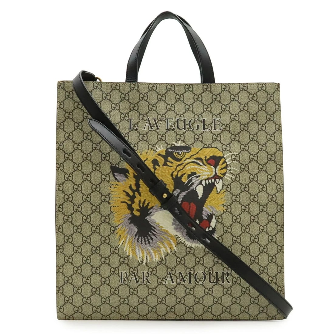 GUCCI GG SUPREME TIGER TOTE BAG/SHOULDER BAG: GUCCI GG Supreme Tiger Tote Bag/Shoulder Bag Brand: Gucci Type/Style: Shoulder bag, Tote bag Material: GG Supreme Color: Beige, Black, Khaki Size: (HxWxD) 37.5cm x 36cm x 7cm / 14.76inch x 14.17inch