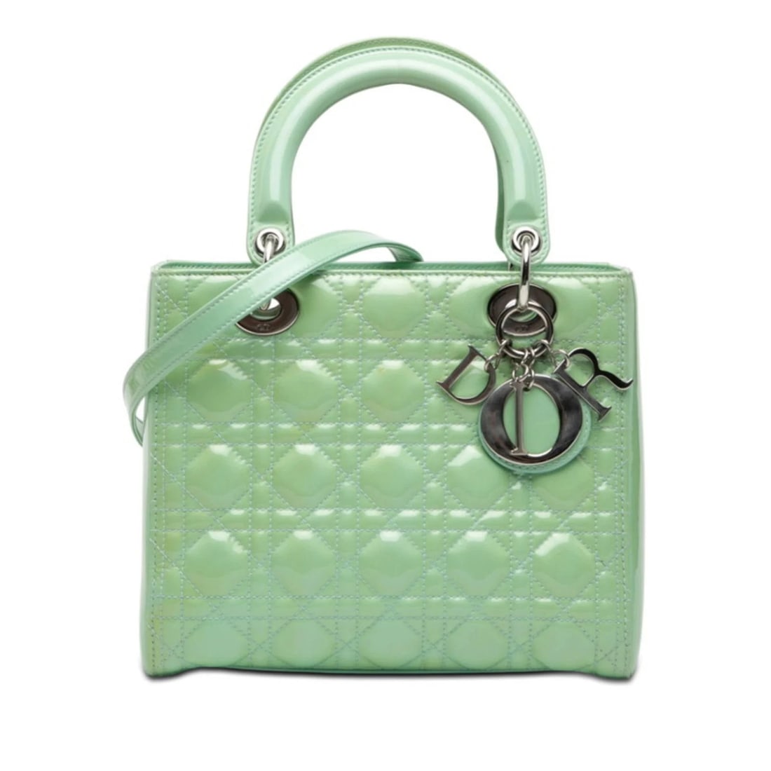 CHRISTIAN DIOR CANNAGE LADY MEDIUM HANDBAG: Christian Dior Cannage Lady Medium Handbag Brand: Christian Dior Type/Style: Handbag, Shoulder bag Material: Patent leather Color: Green Size: (HxWxD) 20cm x 23cm x 12cm / 7.87inch x 9.05inch x 4.72in