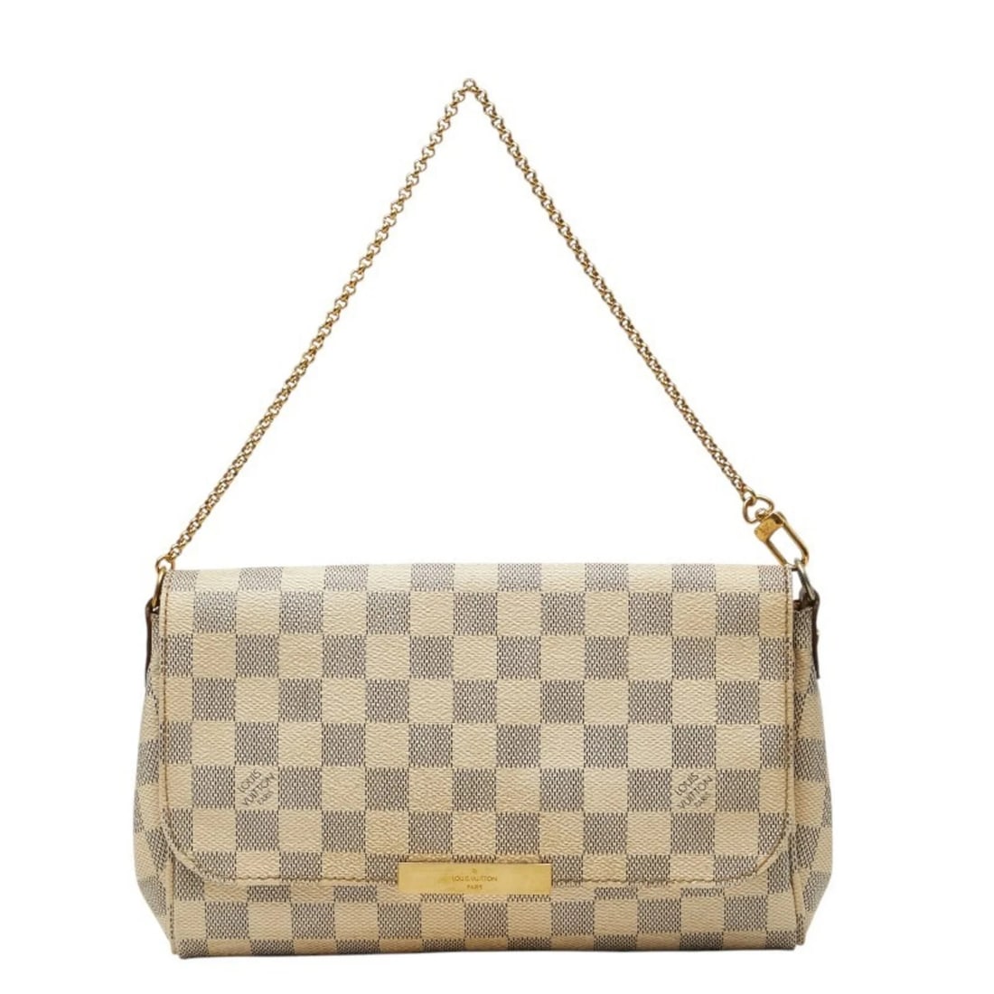 LOUIS VUITTON DAMIER AZUR FAVORITE MM CHAIN HANDBAG: Louis Vuitton Damier Azur Favorite MM Chain Handbag Brand: Louis Vuitton Type/Style: Handbag, Shoulder bag Material: PVC , Leather Color: White Size: (HxWxD) 15cm x 24cm x 5cm / 5.9inch x 9.44inch x 1