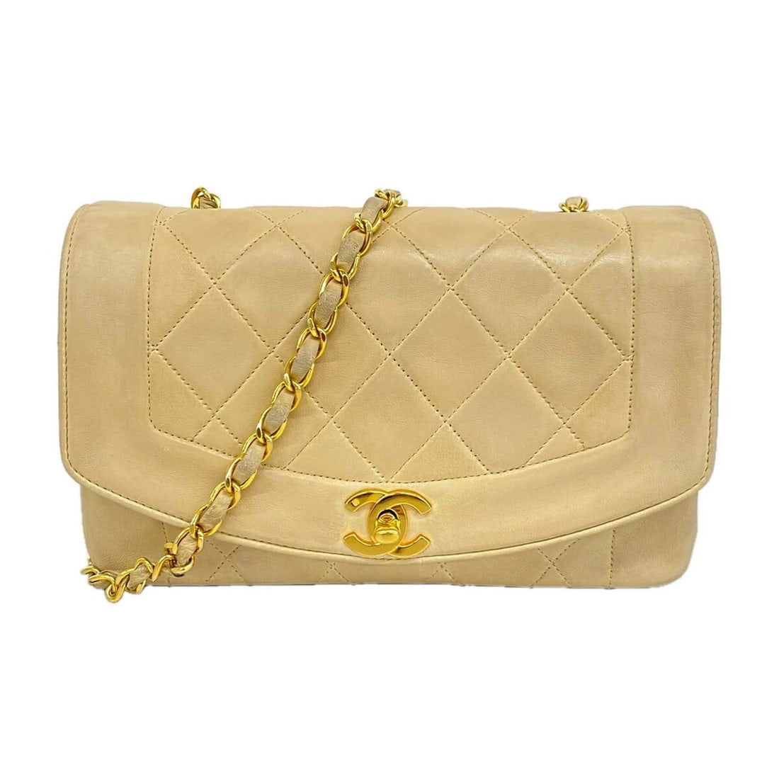 CHANEL DIANA CHAIN SHOULDER BAG, LAMBSKIN, BEIGE: Chanel Diana Chain Shoulder Bag, Lambskin, Beige Brand: Chanel Type/Style: Shoulder bag Material: Leather Color: Beige Size: (HxWxD) 15cm x 22cm x 7cm / 5.9inch x 8.66inch x 2.75inch Accessories: